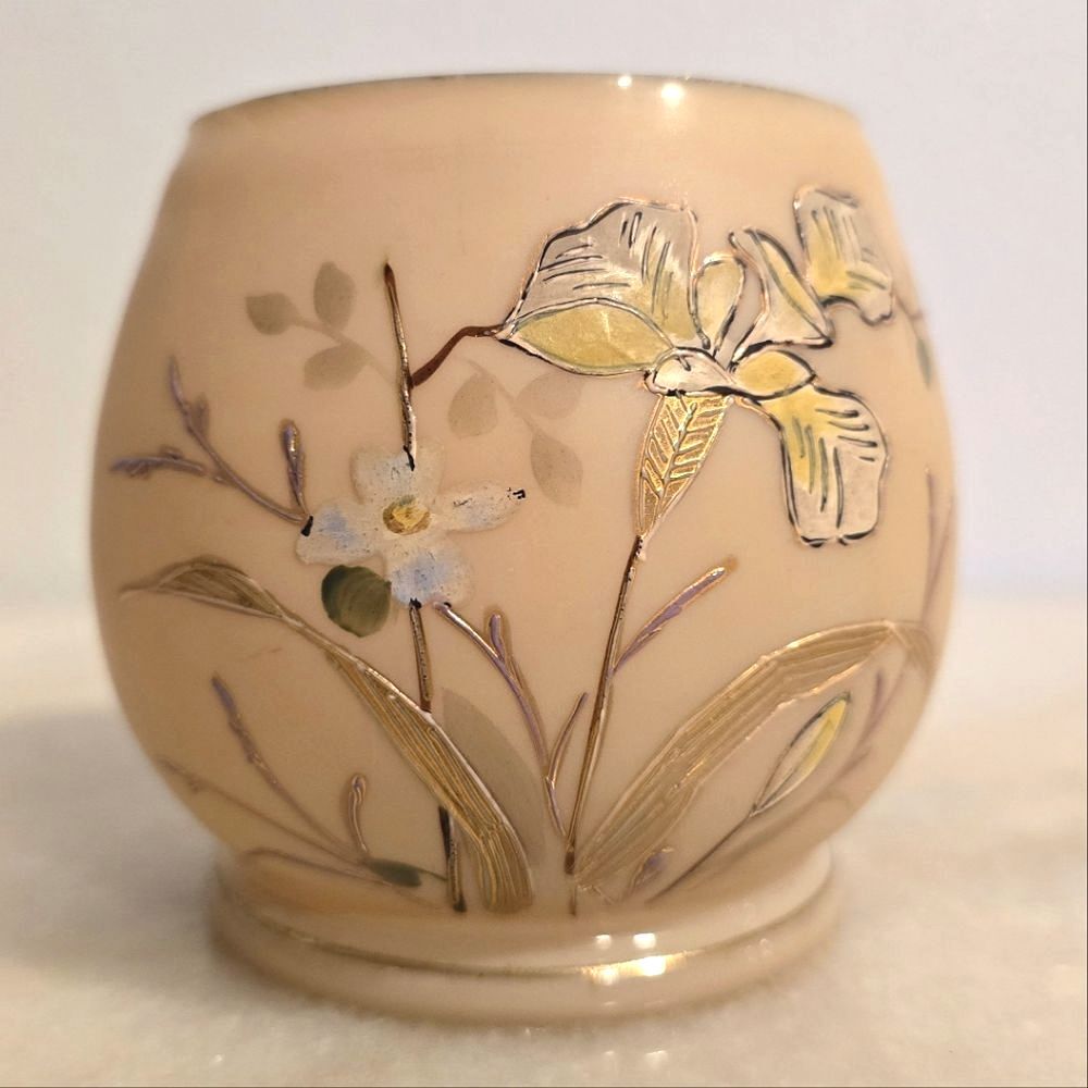 Vintage Enameled Glass Pastel Hand Painted Floral Vase